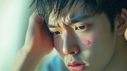 An insect bite leads a young Asian man to scratch frequently, dealing with the persistent itchiness. The bite becomes red and swollen from the irritation.