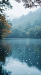 Serene Raindrops: Tranquil Reflections on Calm Lake with Overcast Sky