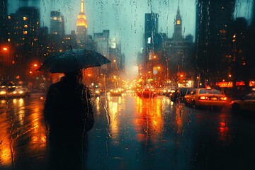 A cityscape seen through a rain-soaked window