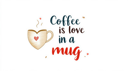A hand-lettered quote 'Coffee is love in a mug' paired with a coffee mug featuring a heart, symbolizing the warmth and love that coffee brings in a cozy, artistic style.
