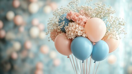 A soft pastel birthday party with light blue and beige tones, and minimal use of flowers and balloons, space for text on background
