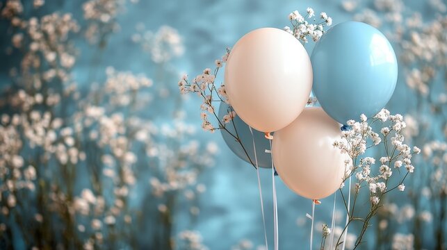 A soft pastel birthday party with light blue and beige tones, and minimal use of flowers and balloons, space for text on background