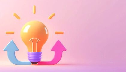 A creative light bulb with colorful arrows symbolizing direction and ideas, set against a soft pink background.