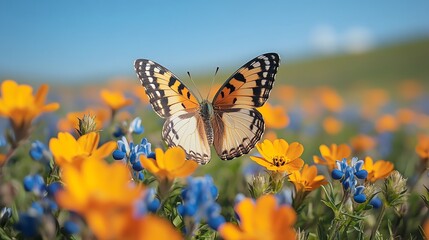 Obraz premium A vibrant butterfly perched on a blooming wildflower, showcasing a beautiful natural scene.