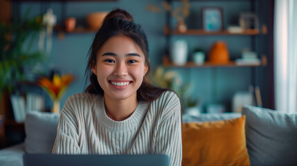 Happy young woman working remotely on virtual video team meeting call, remote work and flexible culture concept, smiling asian female digital nomad freelancing on laptop from home