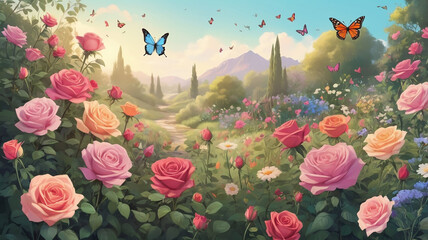 Enchanting Garden: Blooming Roses, Wildflowers, and Fluttering Butterflies