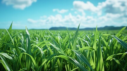 Fototapeta premium Green field with lush tall grass under a bright blue sky.