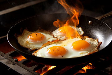 cooking fried egg on black background