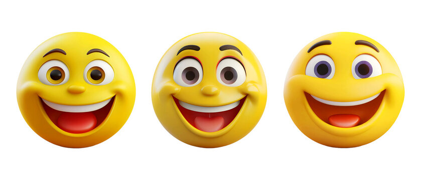set of 3d yellow laughing emoticon with smile face emoji on transparent background