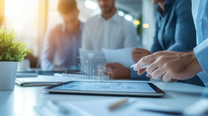 A professional team working together in a modern office, focusing on a digital project plan displayed on a tablet. The image emphasizes efficient digital workflows and collaborativ