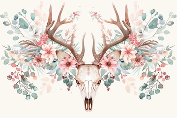 A beautifully composed deer skull adorned with vibrant flowers and foliage, merging nature's elegance with artistic design.