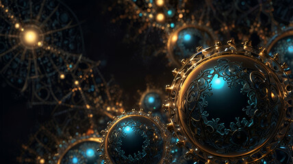 Glowing spheres encased in metallic fractal patterns.

