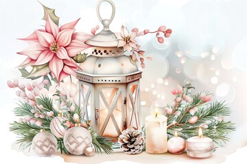 A festive holiday lantern surrounded by poinsettia, pine, candles, and ornaments, perfect for capturing the spirit of winter.