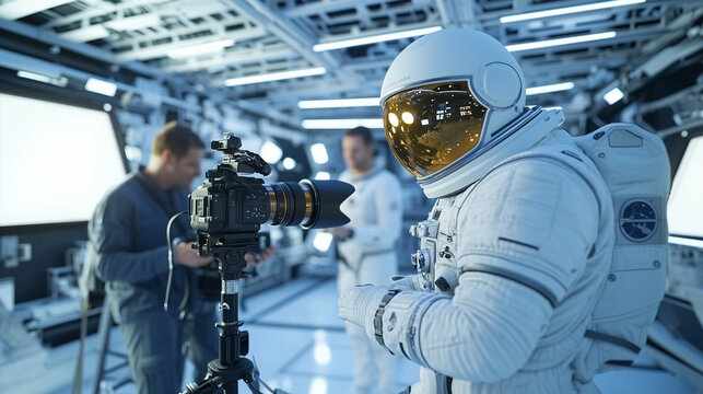 Behind the scenes of a space-themed film, featuring a director, camera operator, and actors working in a detailed space station set. The image showcases the blend of cinematic tech