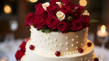 Fototapeta premium Wedding cake decorated with red and white roses flower on bokeh background , Delicious decorated wedding cake , red wedding flowers with wedding cake in the background 