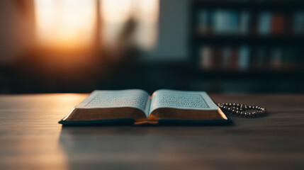 Open Quran with Rosary Misbaha Placed Gently on Top