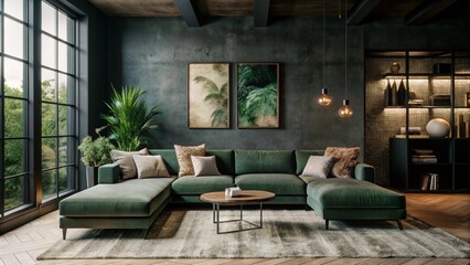 Loft interior design of modern living room, home. Corner sofa against concrete wall with poster frame.
