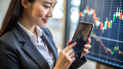 Screen of mobile phone of Businesswoman, checking stock market data. Crypto currency trading concept