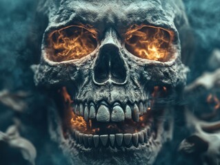 Abstract Representation of Fear Glowing Skeleton Mask in Darkness, A Terrifying Digital Art Illustration of a Glowing Skull with Flaming Eyes and Teeth, Evoking a Sense of Horror and Fear in the Dark