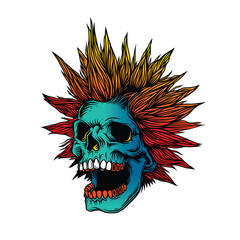 A skull with an open mouth and a punk rock hairstyle. T-shirt design, stickers, print.