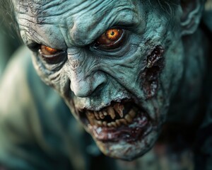 Close-up of a Realistic Zombie Mask with Decaying Features and Glowing Eyes in Dim Lighting and Spooky Shadows Perfect for Halloween Costumes, Horror Movie Props, and Theatre Productions This Mask is