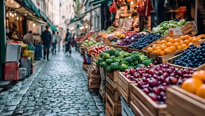 Obraz premium Fresh produce for sale at a European market.