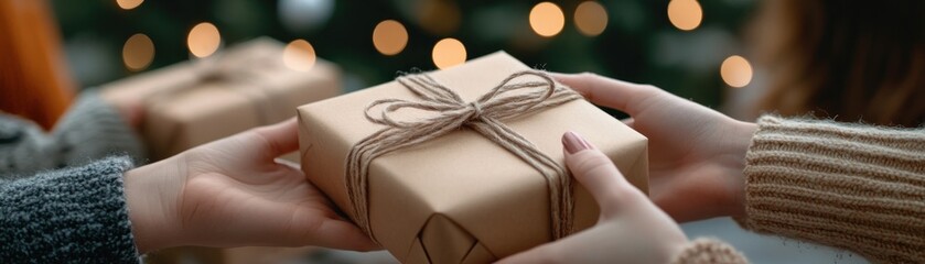Close-up of Hands Exchanging Beautifully Wrapped Christmas Gifts in a Festive Setting with Warm Lights, Perfect for Holiday Greetings and Social Media Posts