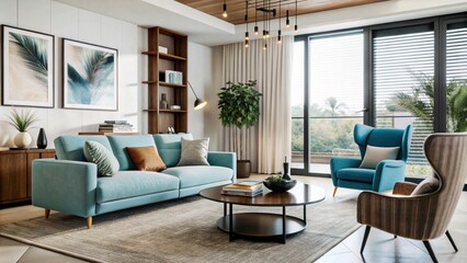 Fototapeta premium Blue armchair and beige sofa in japandi, minimalist interior design of modern living room. 