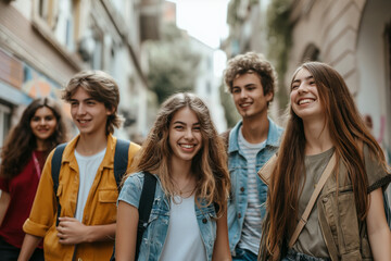 Fototapeta premium Group of happy friends walking in the city, relaxing on vacation. Holiday activities concept
