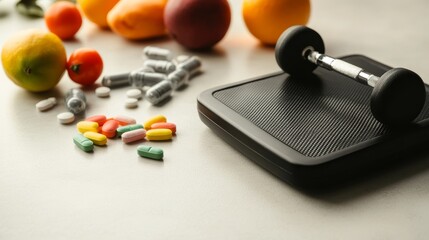 Tape measure, dumbbells, fruits, supplements for healthy lifestyle and weight loss.