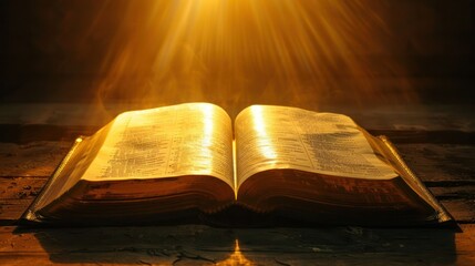 Bible illuminates darkness with golden knowledge from open book in sunlight. Concept Spiritual Enlightenment, Biblical Symbolism, Divine Light, Sacred Texts, Illuminating Knowledge