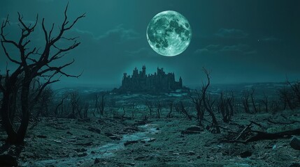 Fototapeta premium Eerie Haunted Castle in Desolate Moonlit Landscape