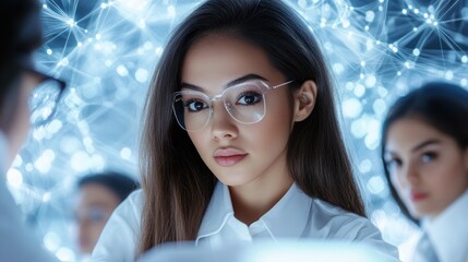 Diverse Team Collaborates on Leadership and Brand Strategy in Futuristic Office Setting, Innovative Ideas, Growth Mindset, Teamwork, Future of Work, Technology, Innovation, Business, Strategy