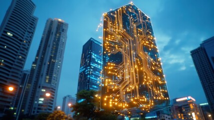 Transparent skyscraper filled with glowing circuits, symbolizing digital businesses