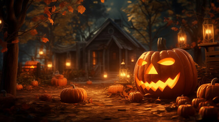 Halloween Night Jack O Lantern In Spooky Forest Path With Lantern Lit Trees