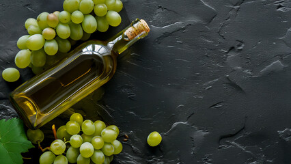 Obraz premium Grapeseed oil in glass bottle with fresh green grapes on dark stone background. Organic ingredient for cooking, skincare, and wellness. Concept of plant-based products in culinary, beauty applications
