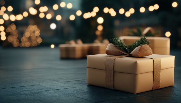 Festive Holiday Gifts with Personalized Messages and Creative Wrapping, Decorated with Twine and Pine Branches, Glowing String Lights in the Background, Perfect for Christmas or New Year's