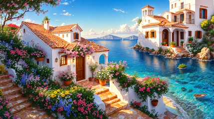 Beautiful house surrounded by flowers, mediterranean architecture oil painting on canvas.