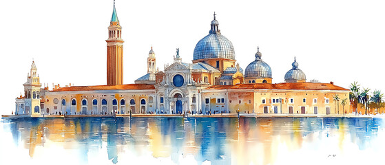 Naklejka premium Beautiful watercolor of a historic Venetian building, reflecting in serene waters, capturing the essence of Venice's charm.