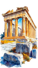 A beautiful watercolor illustration of an ancient Greek temple, showcasing majestic columns and stunning architectural details.
