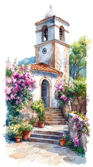 Fototapeta premium A charming stone church surrounded by vibrant flowers and greenery, showcasing beautiful architectural details and serene atmosphere.