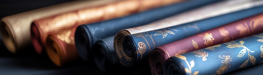 Fototapeta premium Rolled fabrics in various colors and patterns, perfect for fashion, sewing projects, or upholstery. Elegant design and rich textures.