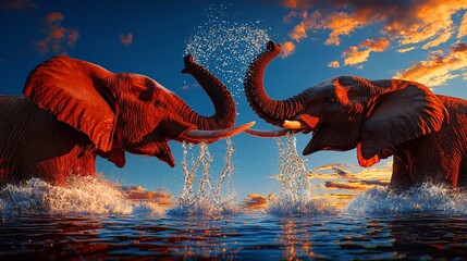 Elephants drinking at a watering hole with the warm light of sunset high-resolution professional photography vibrant color grading sharp focus