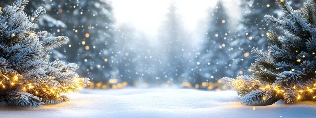 winter background - snow-covered Christmas tree with a garland with yellow light. Christmas trees in the snow, minimalistic light background, winter minimalistic landscape. copy space