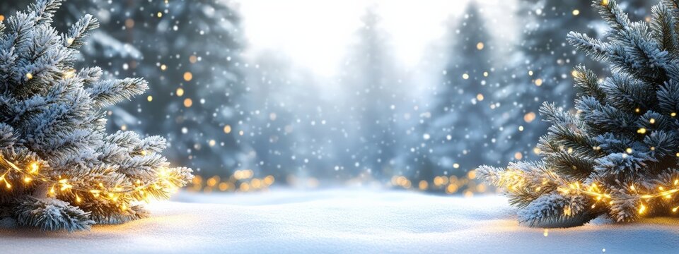 winter background - snow-covered Christmas tree with a garland with yellow light. Christmas trees in the snow, minimalistic light background, winter minimalistic landscape. copy space
