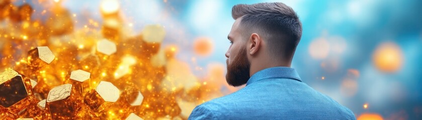 Obraz premium Visionary Leader Embracing Innovation and Growth A Powerful Business Concept with Abstract Branding Icons and Dynamic Visuals Representing Progress and Success