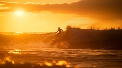 Imagine a surfer catching a perfect wave at sunrise. The golden light illuminates the ocean, creating a stunning backdrop as the surfer expertly rides the crest of the wave.