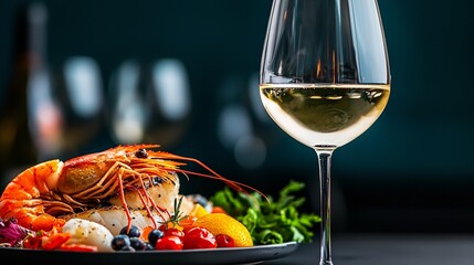 Gourmet seafood dinner with a glass of wine fine dining table vibrant details professional photography clean sharp focus