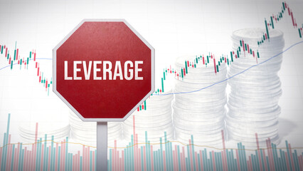 Leverage sign in front of financial charts and stacked coins, illustrating economic leverage and financial influence, finance leverage concept, monetary power, investment strategy, business advantage

