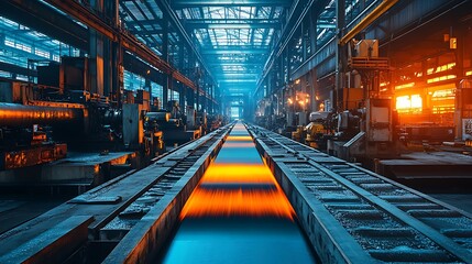 Fototapeta premium Highly automated steel processing machinery operating in a bright and clean plant, reflecting the latest technological advancements